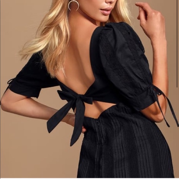 NWT Black Boho Tie-Front Pleated Lace Mini Dress - Picture 3 of 3